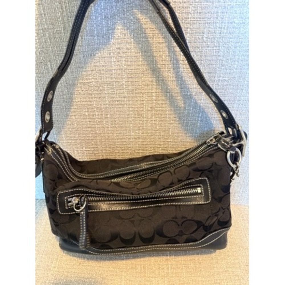 Coach Black Signature Jacquard Shoulder Bag Leather Trim 6083 Hobo Bag